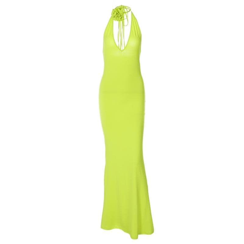 Deep V-Neck Halter Backless Rosette Bodycon Maxi Dress