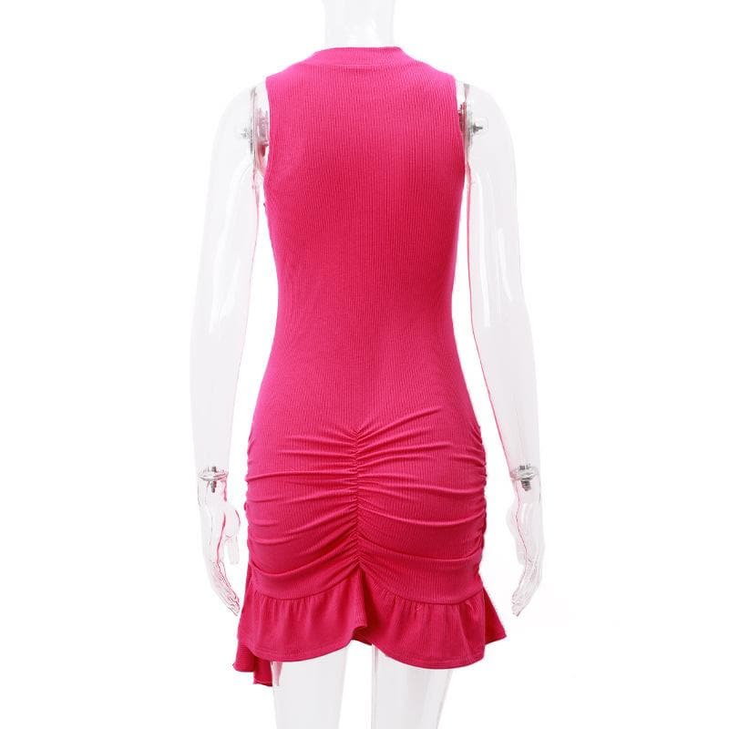 Ribbed Knit Sleeveless Flower Applique Ruffle Asymmetric Mini Dress