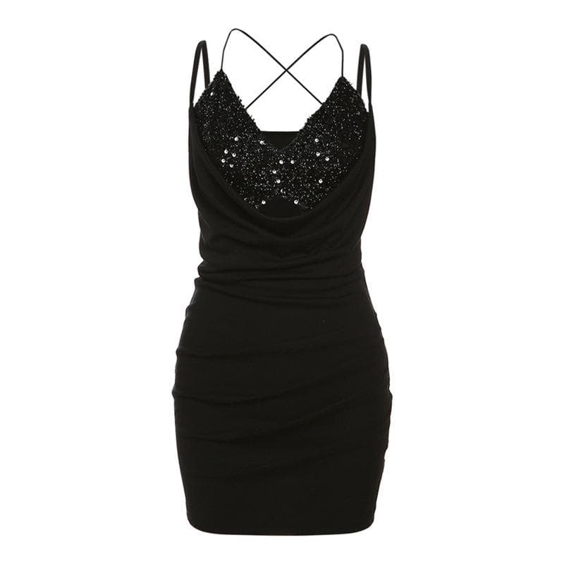 Textured ruched v neck glitter cross back solid mini dress - View 9