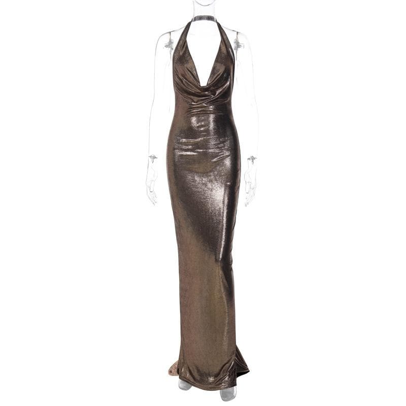 Metallic Cowl Neck Ruched Halter Backless Maxi Dress 4