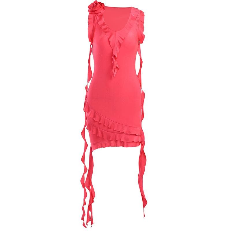 V-Neck Sleeveless Ruffle Flower Applique Asymmetric Mini Dress