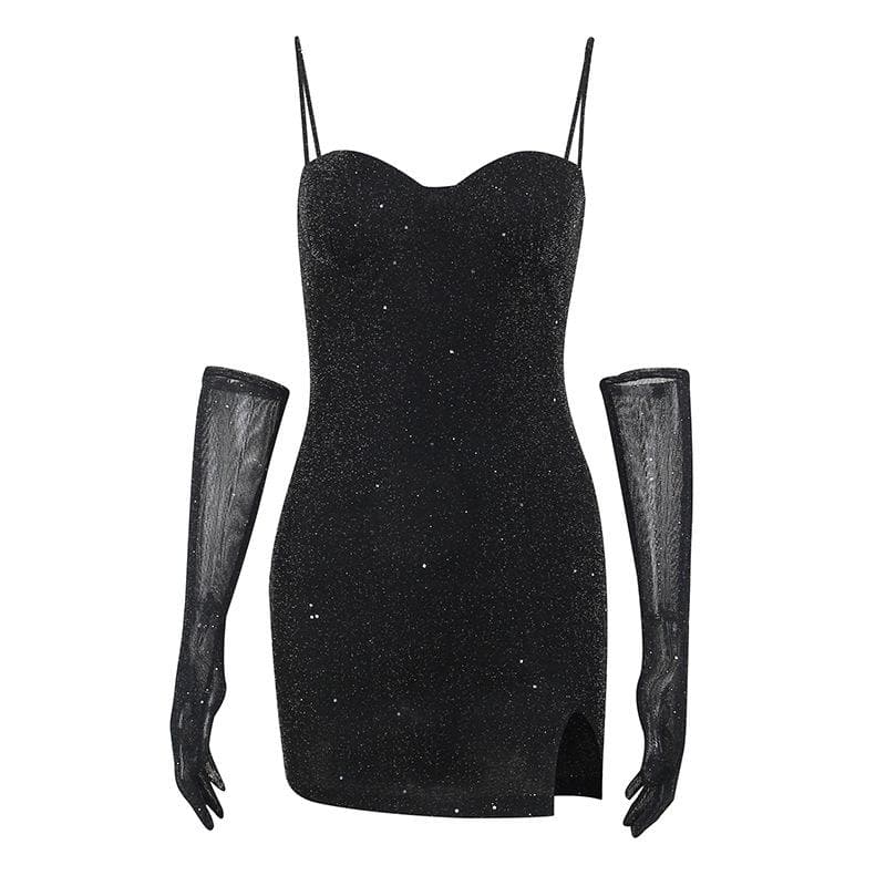 Glitter Sweetheart Neck Cami Slit Bodycon Mini Dress with Mesh Gloves