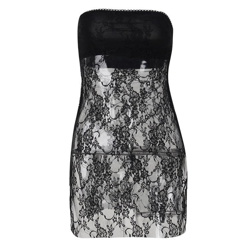 Strapless Sheer Floral Lace Side Slit Tube Mini Dress 2