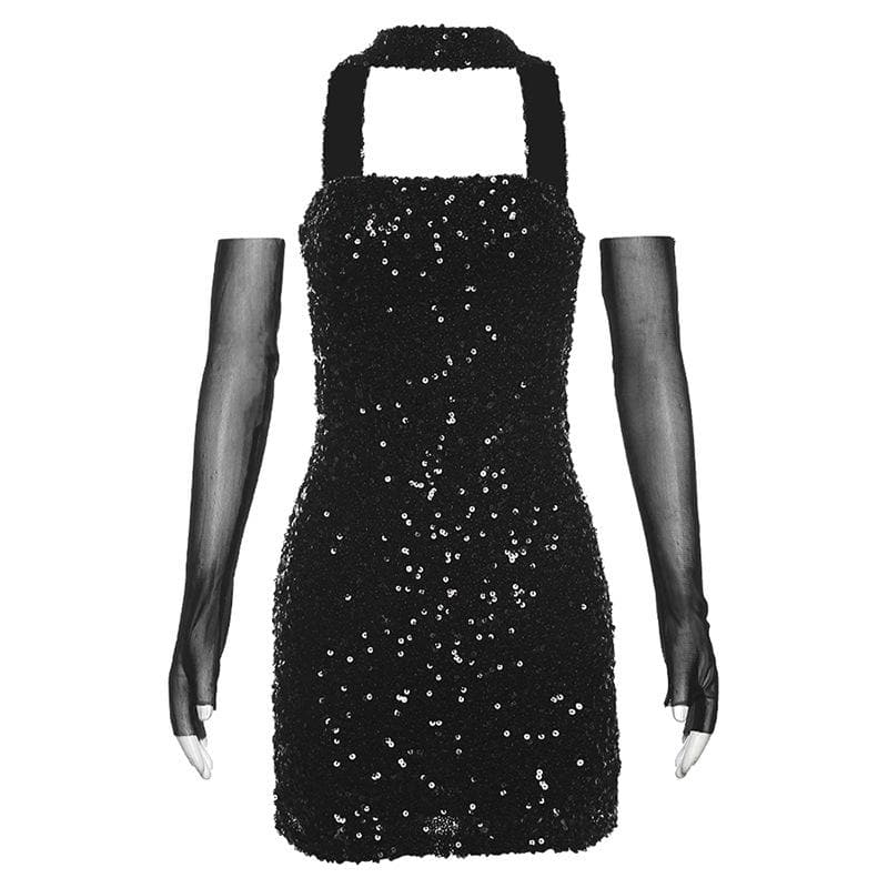 Sequin Mesh Glove Halter Neck Bodycon Mini Dress