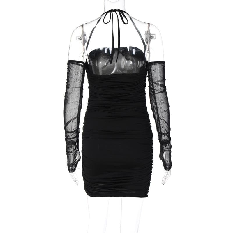 Mesh Glove Halter Neck Ruched Bodycon Mini Dress
