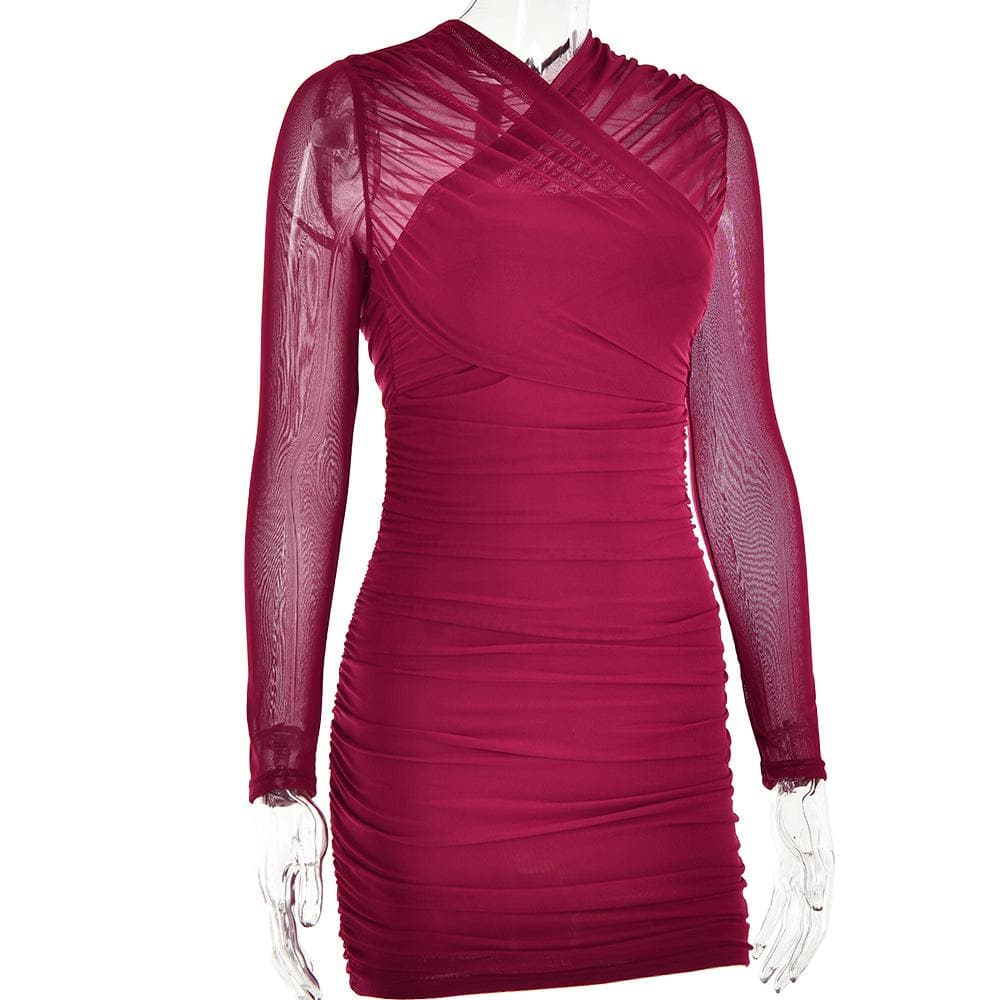 Cross Front Mesh Ruched Long Sleeve Mini Dress
