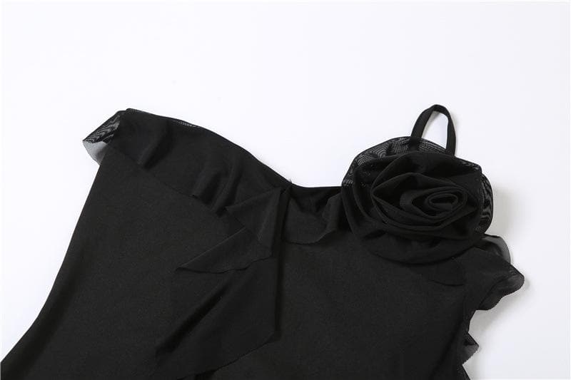 Flower Applique One Shoulder Ruffle High Low Mini Dress