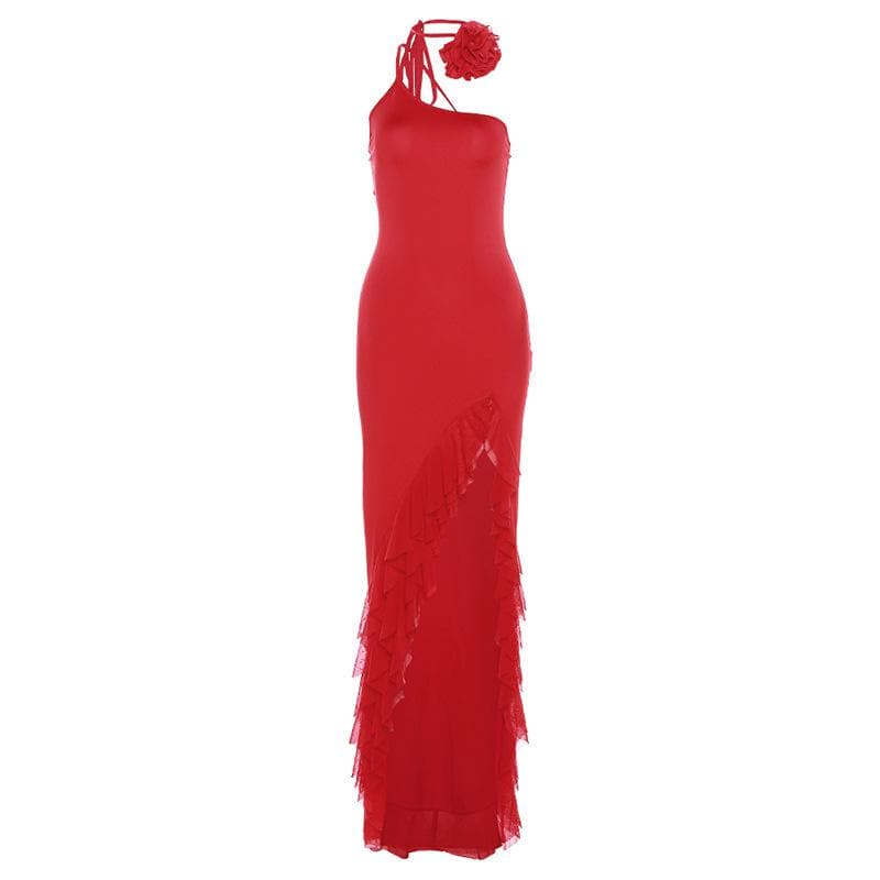 Solid one shoulder irregular ruffle flower applique maxi dress - View 2