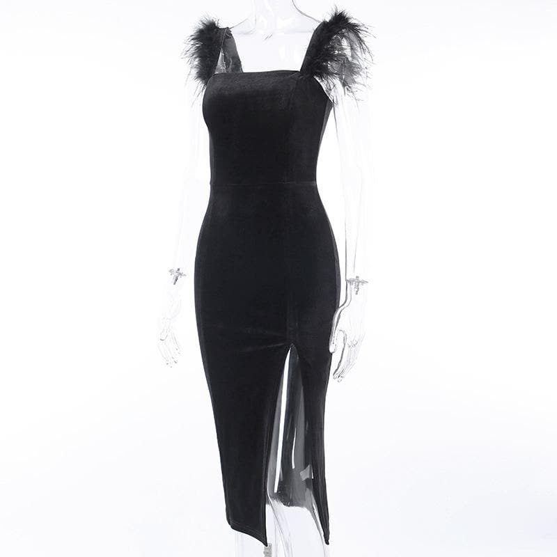 Velvet feather sleeveless slit solid zip-up midi dress - View 3
