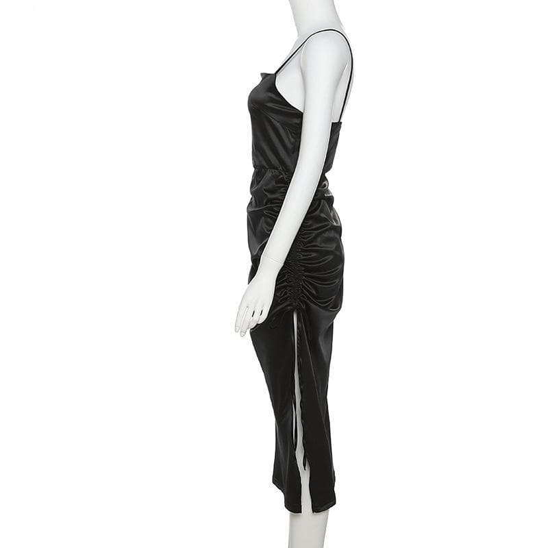 Square neck drawstring ruched slit satin midi dress - View 3