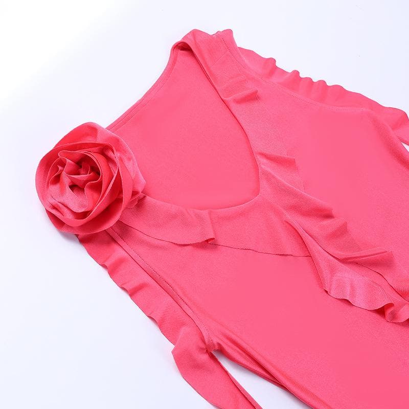 V-Neck Sleeveless Ruffle Flower Applique Asymmetric Mini Dress