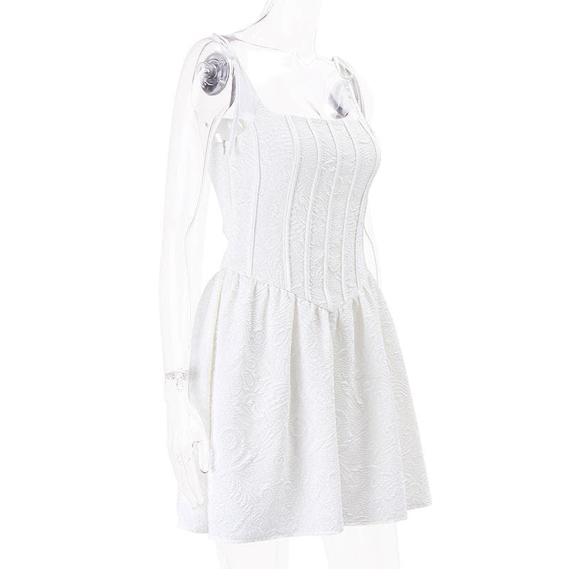 Textured Tie Strap Square Neck Corset Fit and Flare Mini Dress