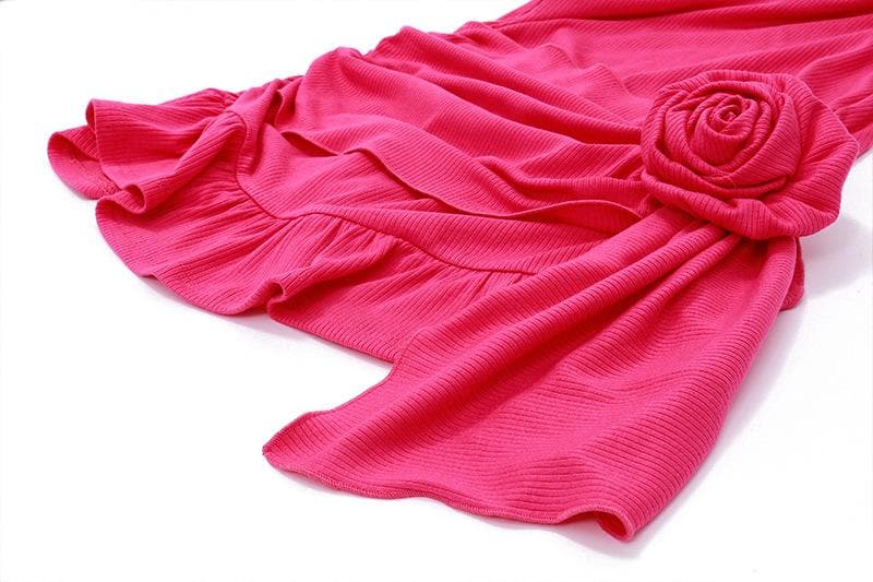 Ribbed Knit Sleeveless Flower Applique Ruffle Asymmetric Mini Dress