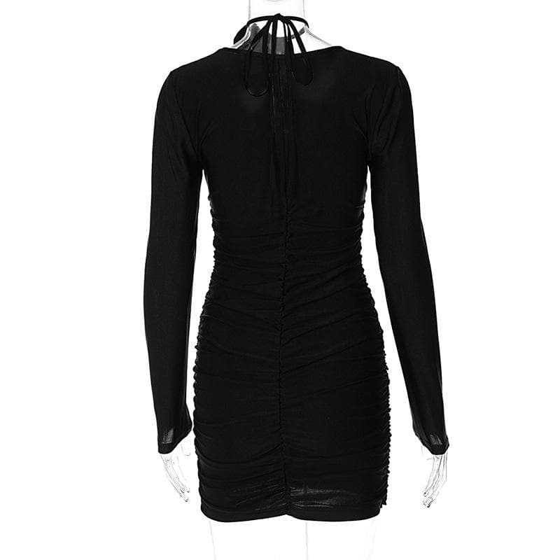 Scoop Neck Long Sleeve Ruched Rosette Bodycon Mini Dress