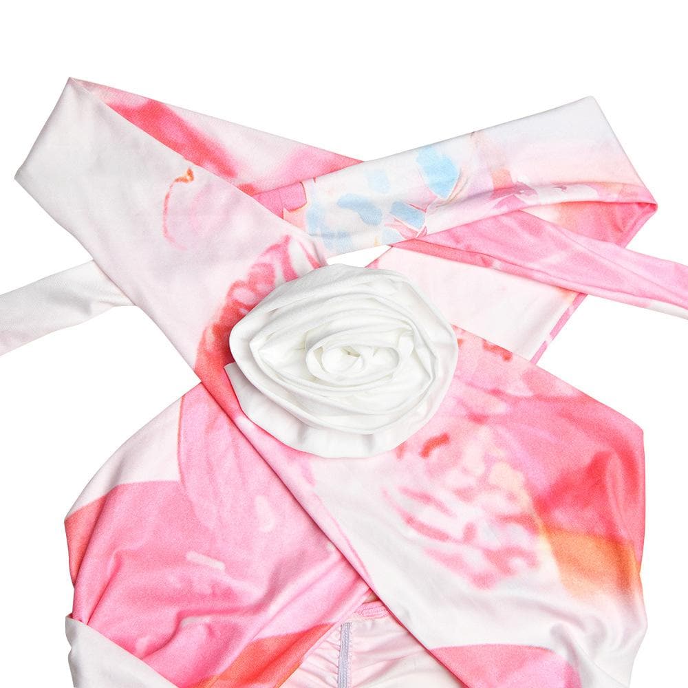 Tie Dye Halter Neck 3D Flower Cut Out Bodycon Mini Dress