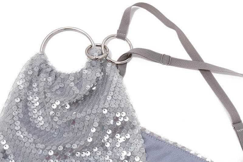 One shoulder irregular glitter low cut o ring ruched mini dress - View 6