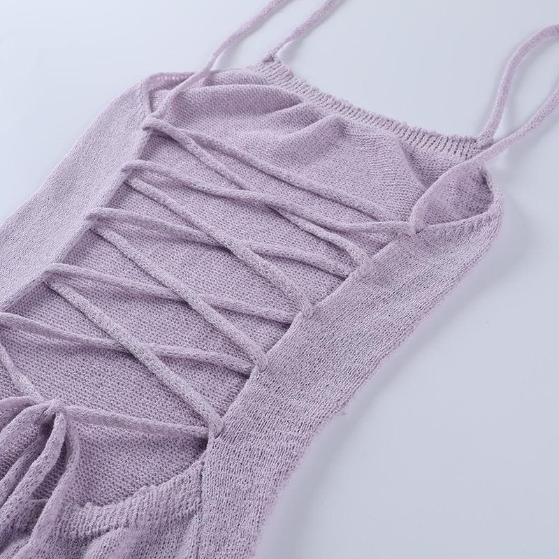 Lace up back slit knitted cami maxi dress - View 6