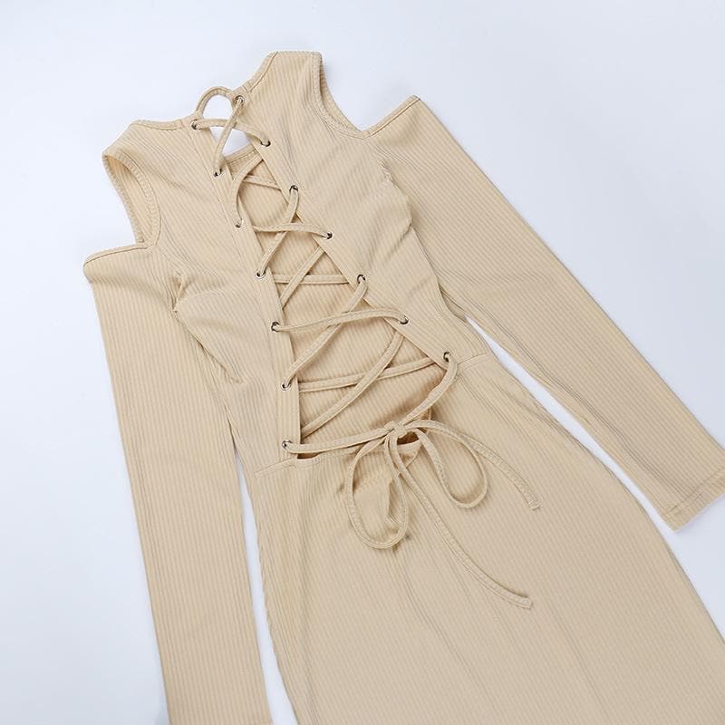 Long sleeve solid hollow out lace up self tie mini dress - View 8