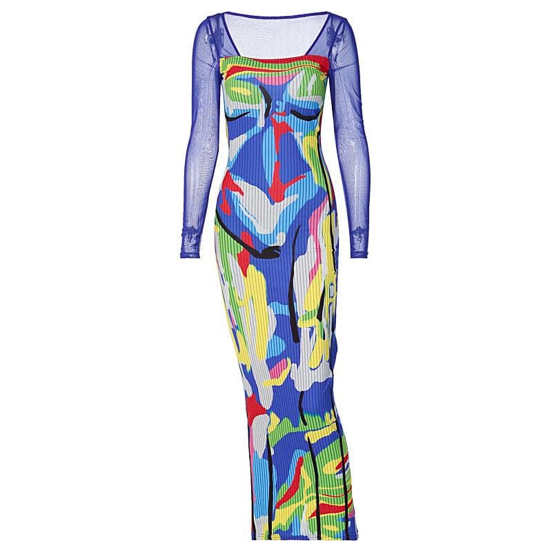 Long sleeve contrast abstract mesh midi dress 9