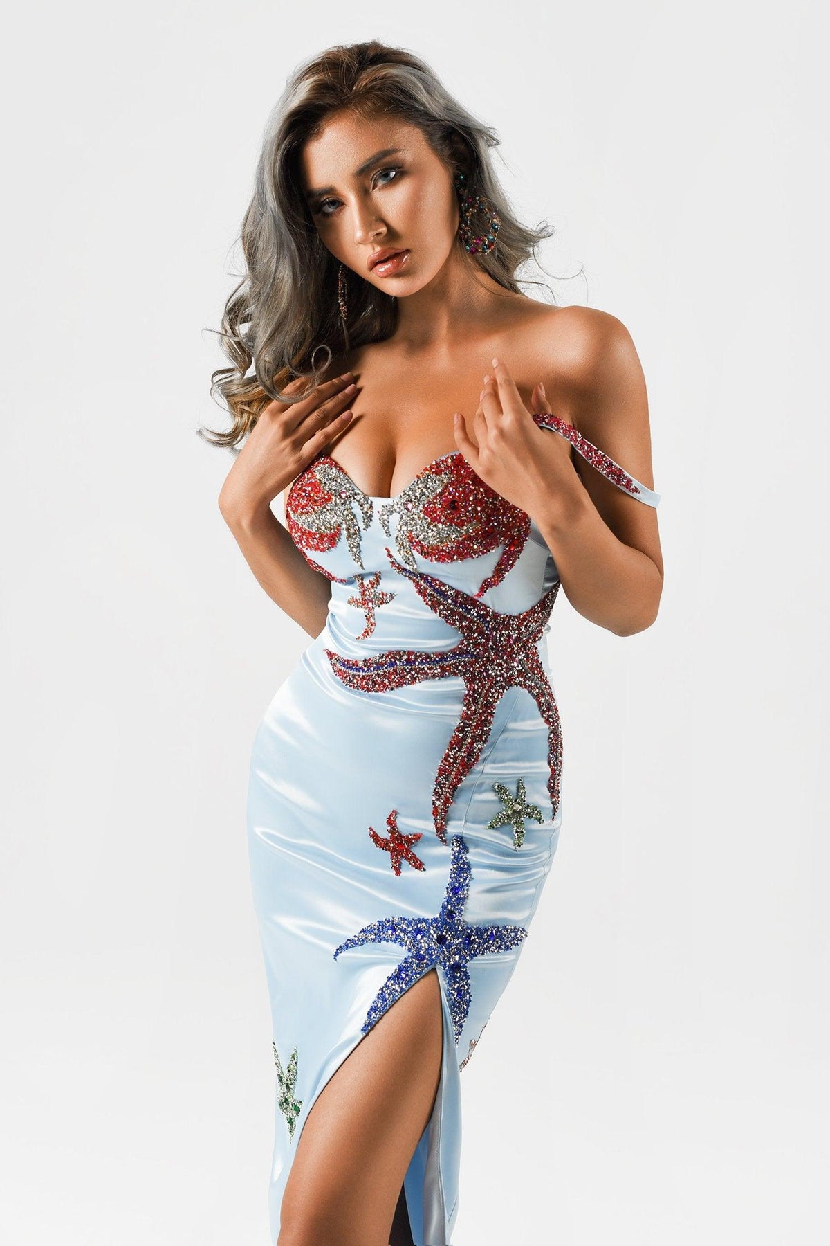 Satin Rhinestone Starfish Embellished Sweetheart High Split Maxi Dress 4