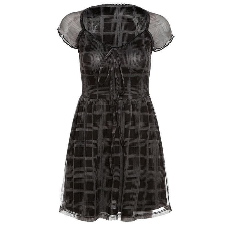 Mesh short sleeve plaid A line ruffled dress 2