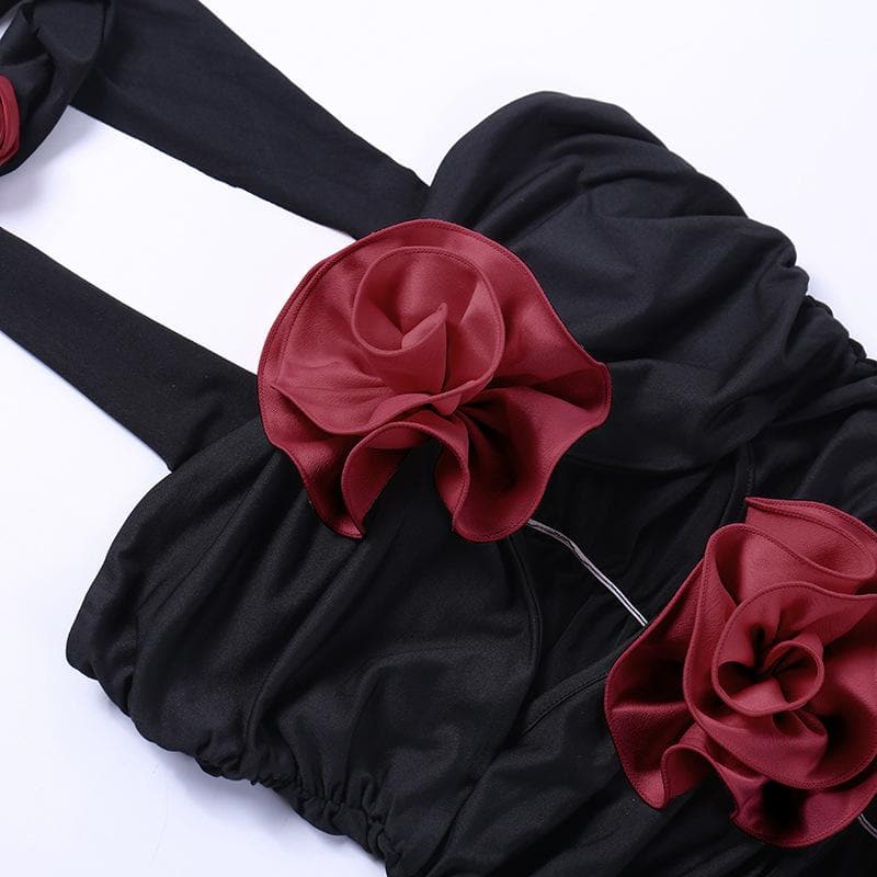 Flower Applique Strapless Cut Out Ruched Bodycon Mini Dress