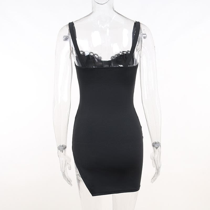 Ruched solid sleeveless lace slit self tie backless mini dress 5