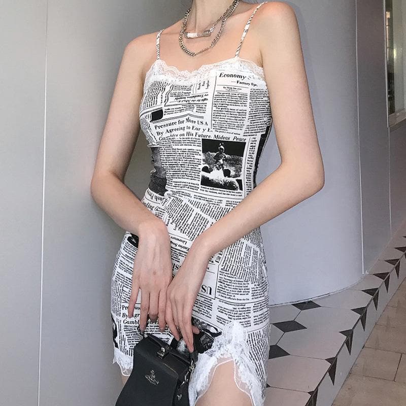 Newspaper Print Lace Trim Spaghetti Strap Sweetheart High Split Mini Dress