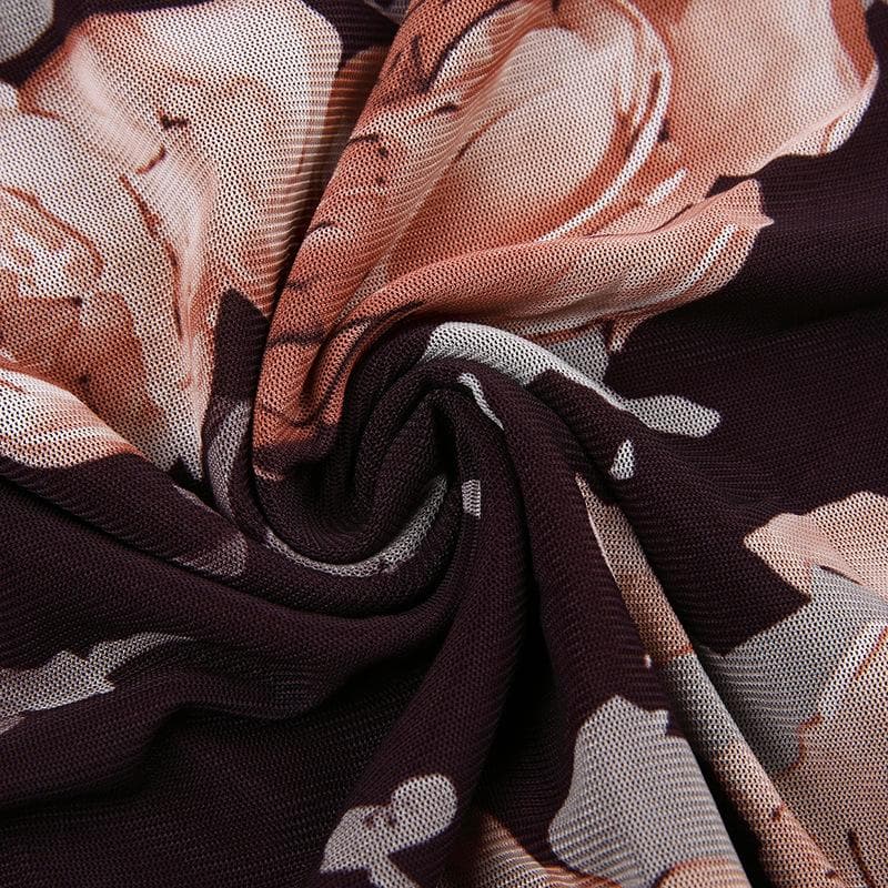 Floral Print Mesh Strapless Ruched Ruffle Bodycon Mini Dress