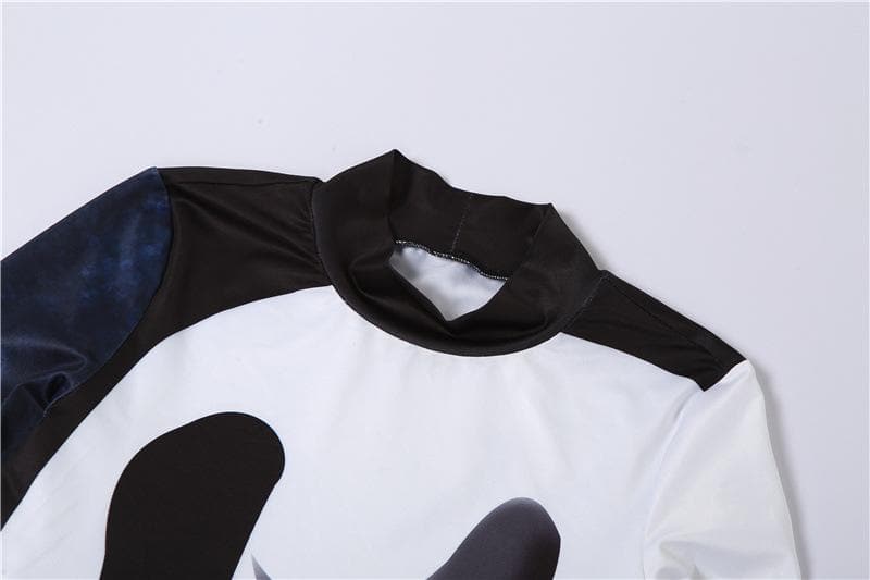Long sleeve contrast gloves crewneck abstract midi dress