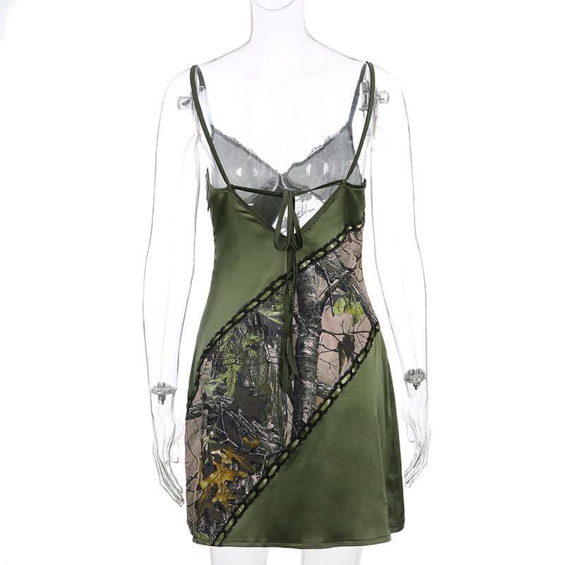 Lace Trim Forest Print Patchwork Spaghetti Strap Bodycon Mini Dress