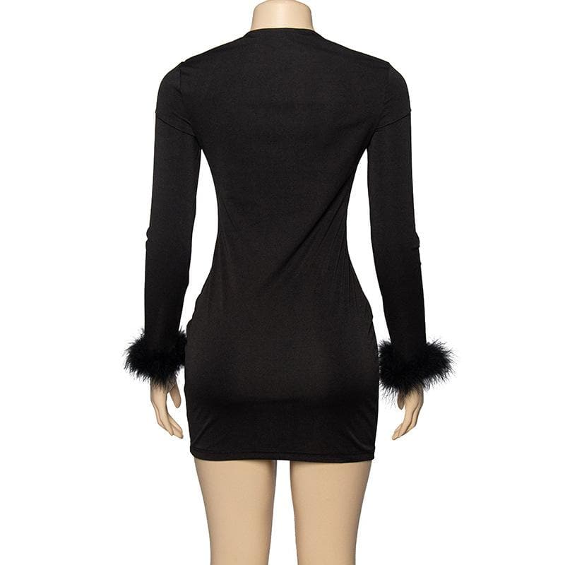 Feather Patchwork Long Sleeve Low Cut Mini Dress