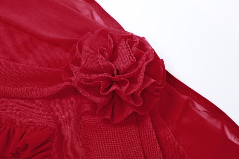 Off Shoulder Ruffle Sheer Mesh Flower Applique Maxi Dress
