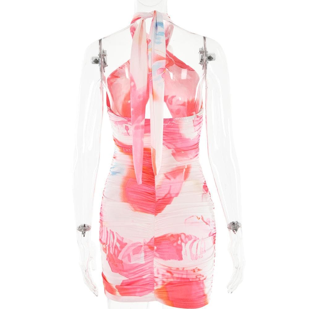 Tie Dye Halter Neck 3D Flower Cut Out Bodycon Mini Dress