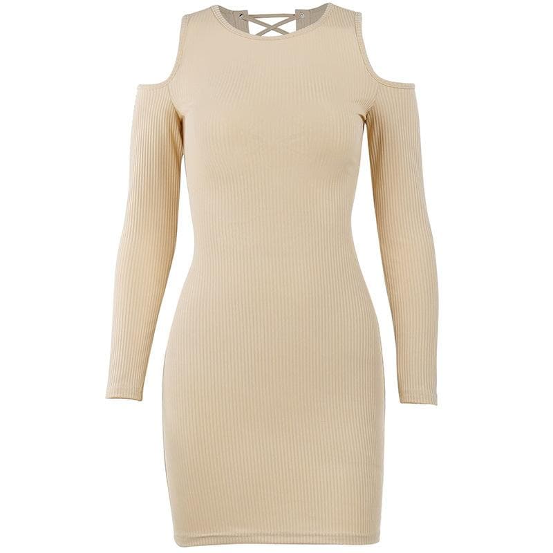 Long sleeve solid hollow out lace up self tie mini dress - View 4