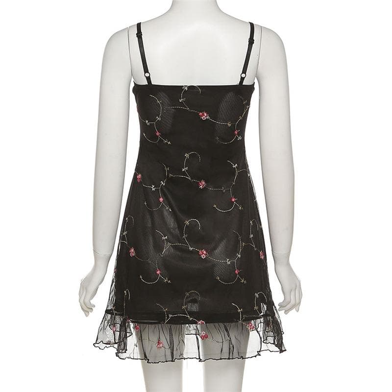Satin Floral Embroidery Sweetheart Spaghetti Strap Ruffle Hem Mini Dress