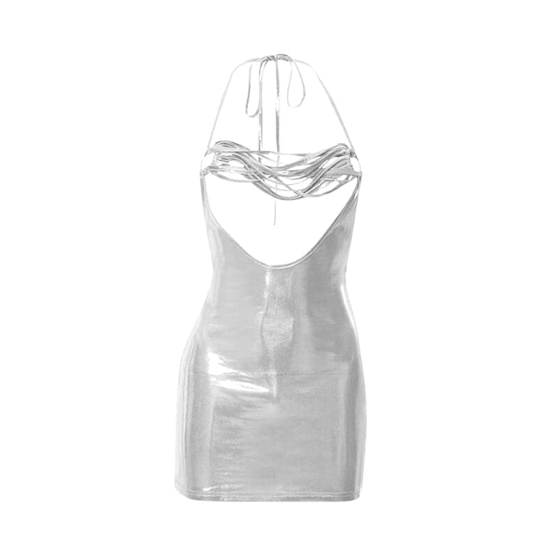 Metallic Halter Neck Backless O Ring Strappy Bodycon Mini Dress