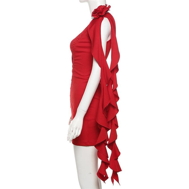 One Shoulder Ruched Flower Applique Ruffle Backless Bodycon Mini Dress