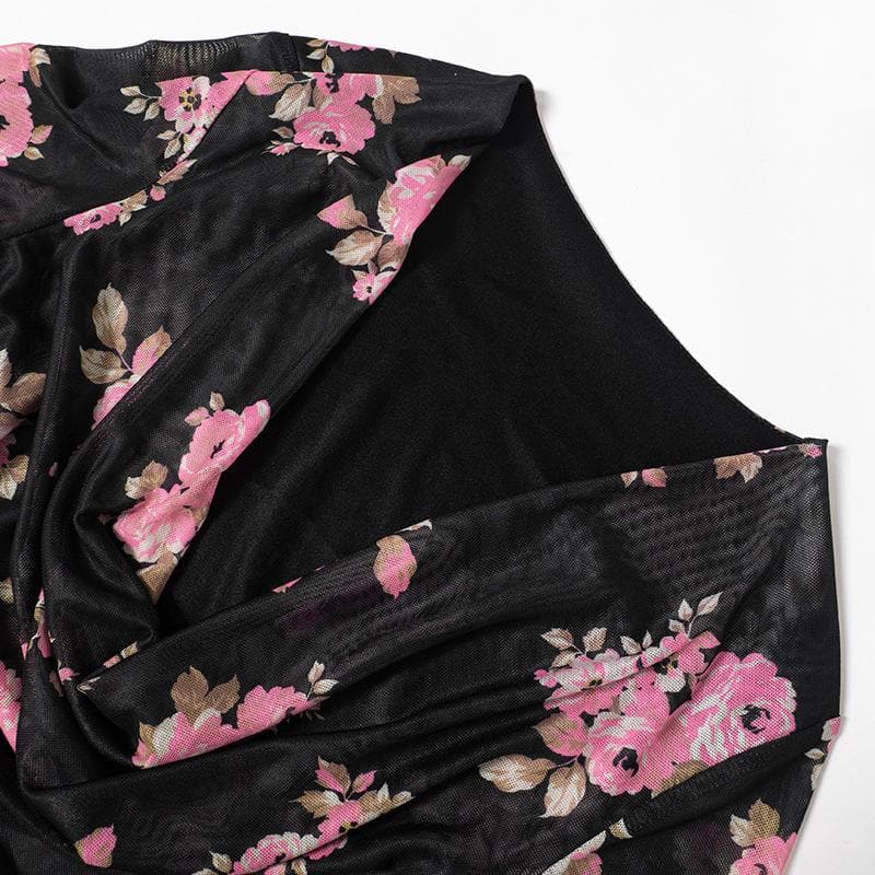 Floral Print Cowl Neck Long Sleeve Ruched Sheer Mesh Mini Dress