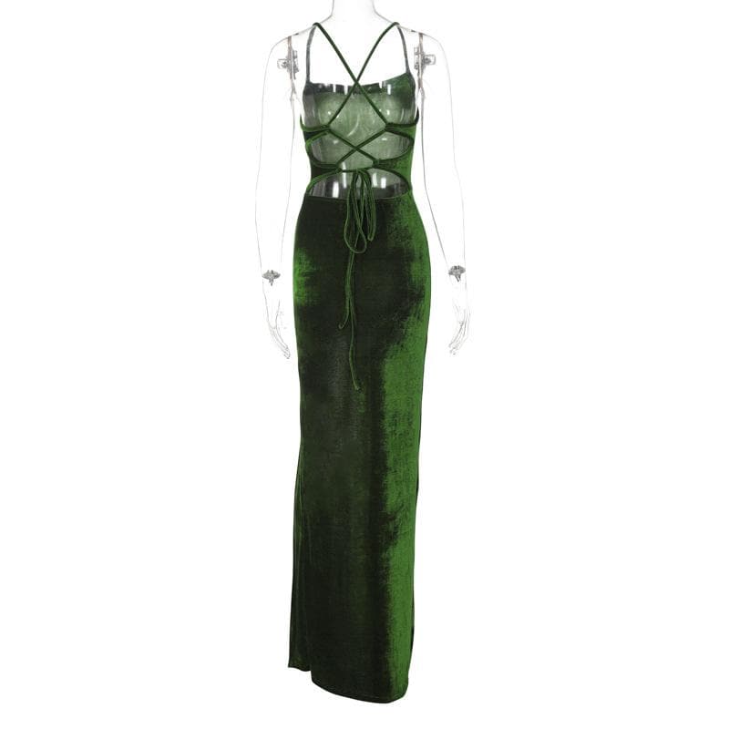 Velvet lace up solid slit cross back sleeveless midi dress - View 4
