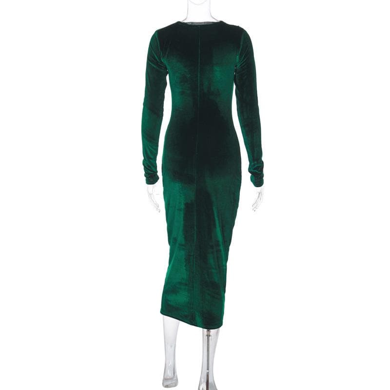 Velvet solid ruched long sleeve midi dress - View 4