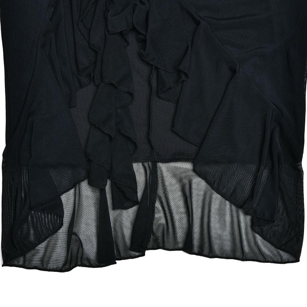 Mesh Ruched Long Sleeve Backless Ruffle Midi Dress