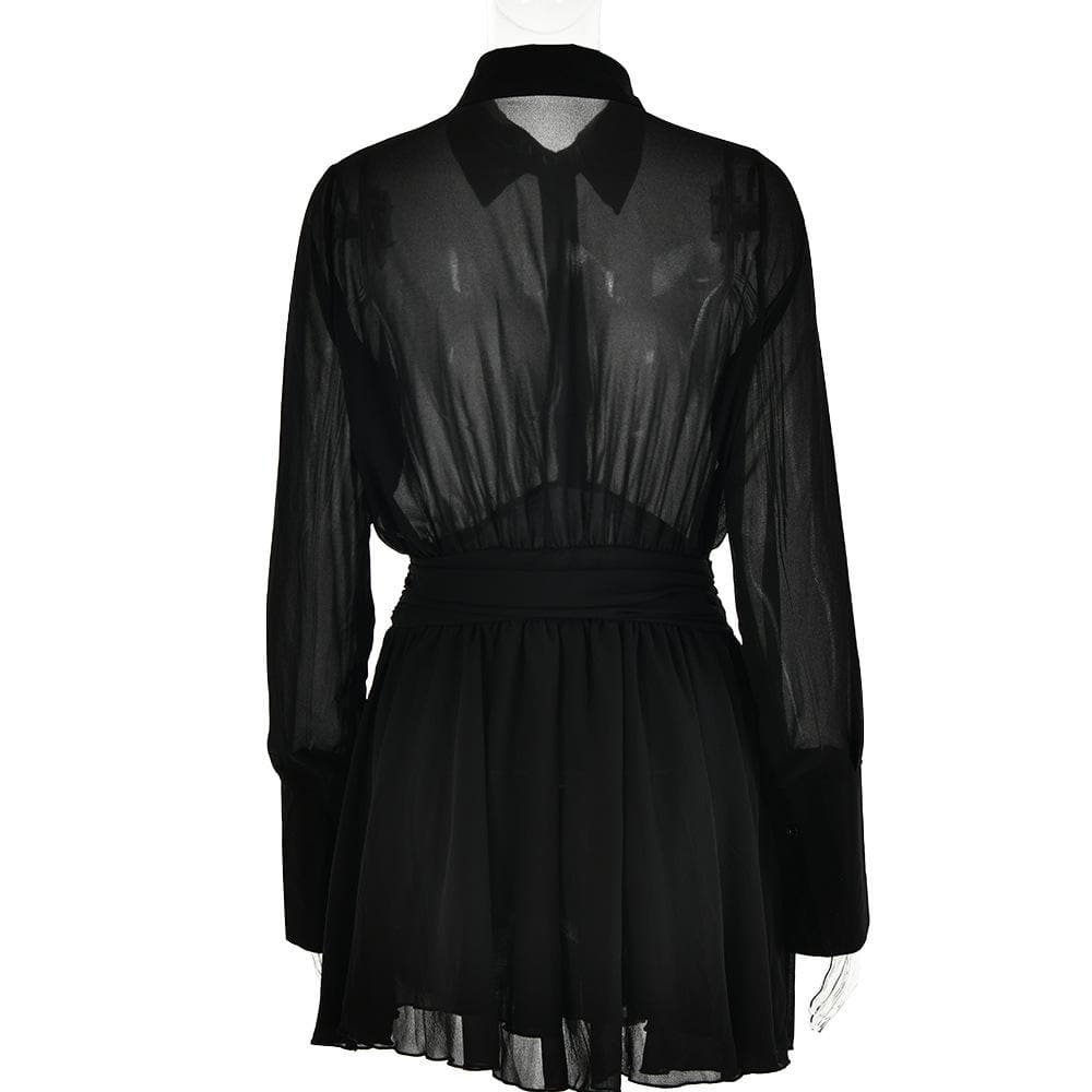 Turnover collar button long sleeve ruched zip-up chiffon mini dress - View 6