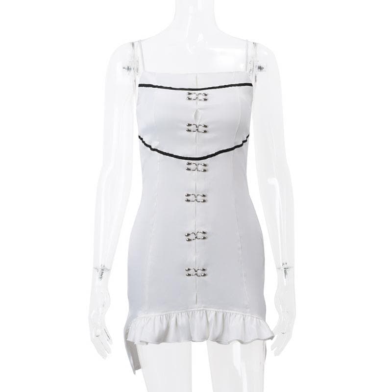 Metal applique contrast square neck ruffle spaghetti strap mini dress - View 9
