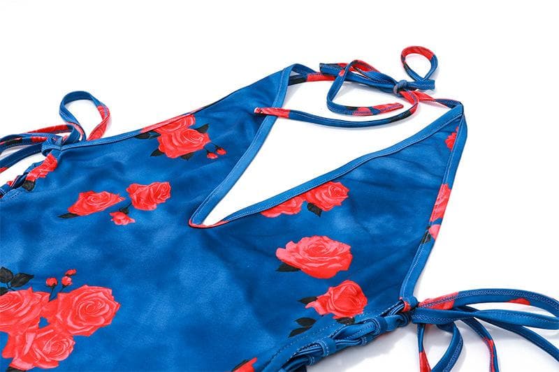 Floral Deep V-Neck Lace Up Backless Slip Maxi Dress