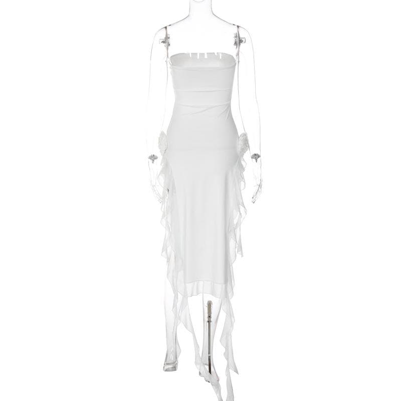 Flower Applique Strapless Backless High Split Maxi Dress - View 5