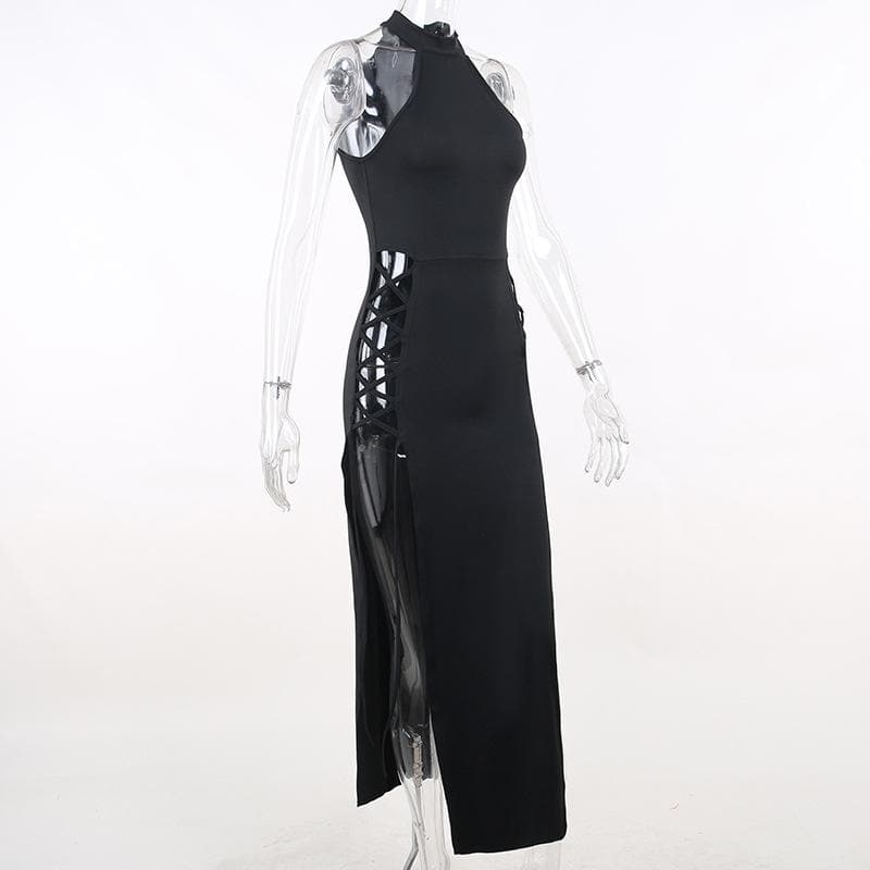Sleeveless solid hollow out slit lace up midi dress - View 4