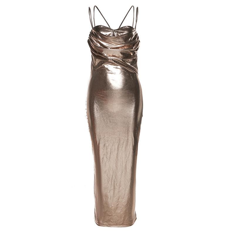 Metallic Cowl Neck Ruched Bust Double Strap Bodycon Midi Dress