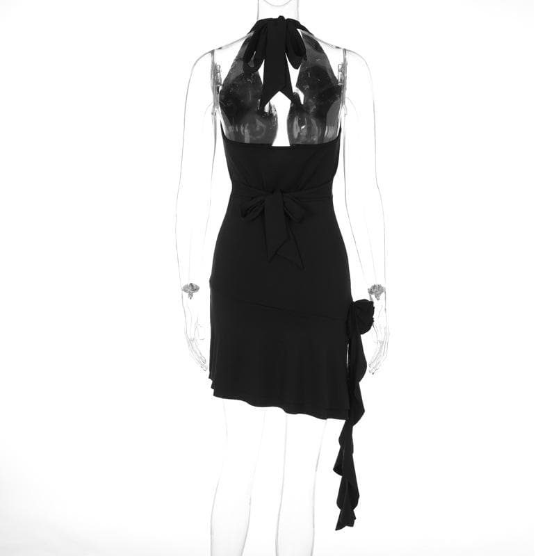 Halter Deep Cowl Neck Backless Ruffle Mini Dress