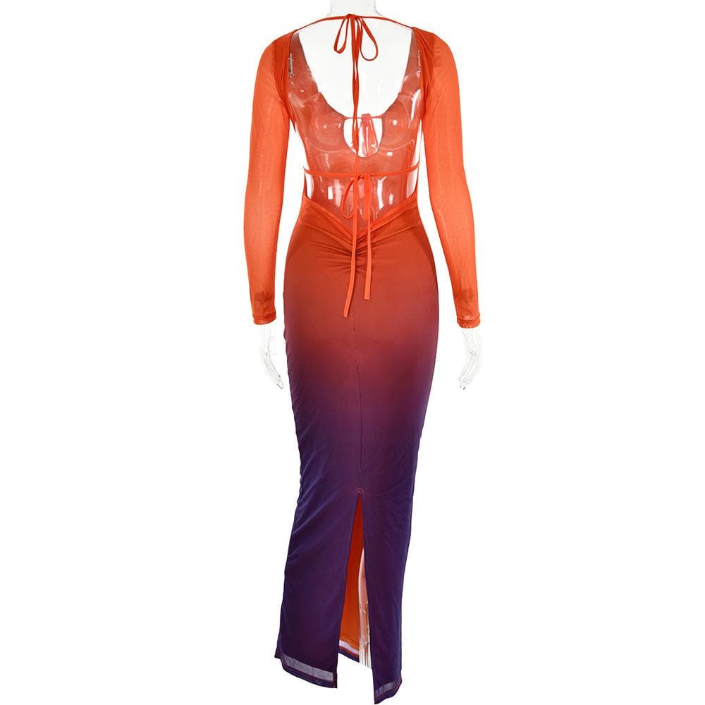 Mesh gradient long sleeve self tie backless slit maxi dress 5